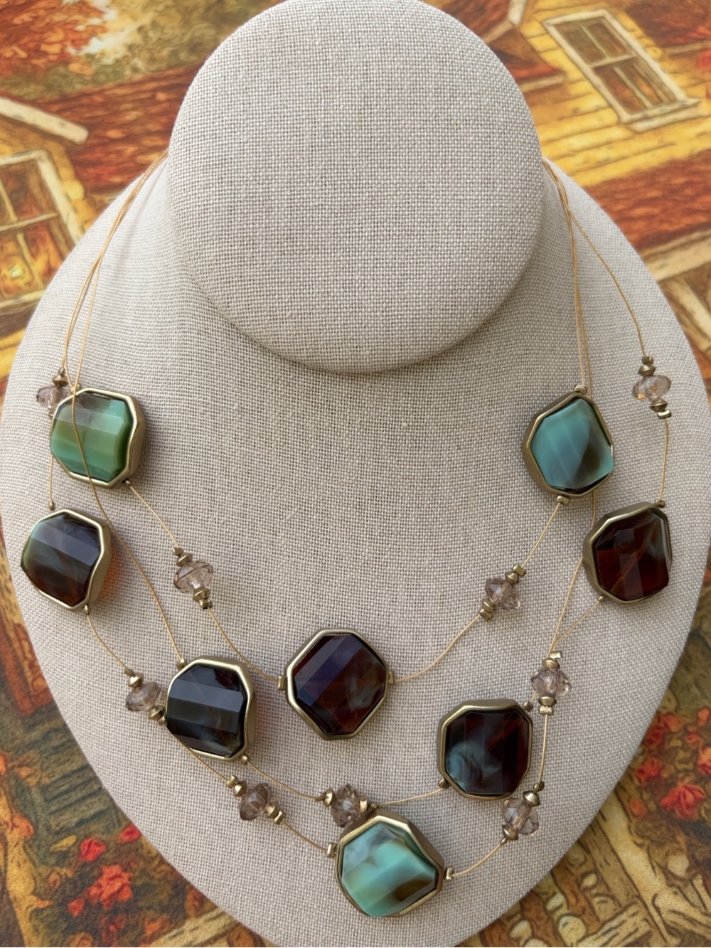 Chico's Gold-Tone Multi-Strand Necklace with Green and Brown Stones